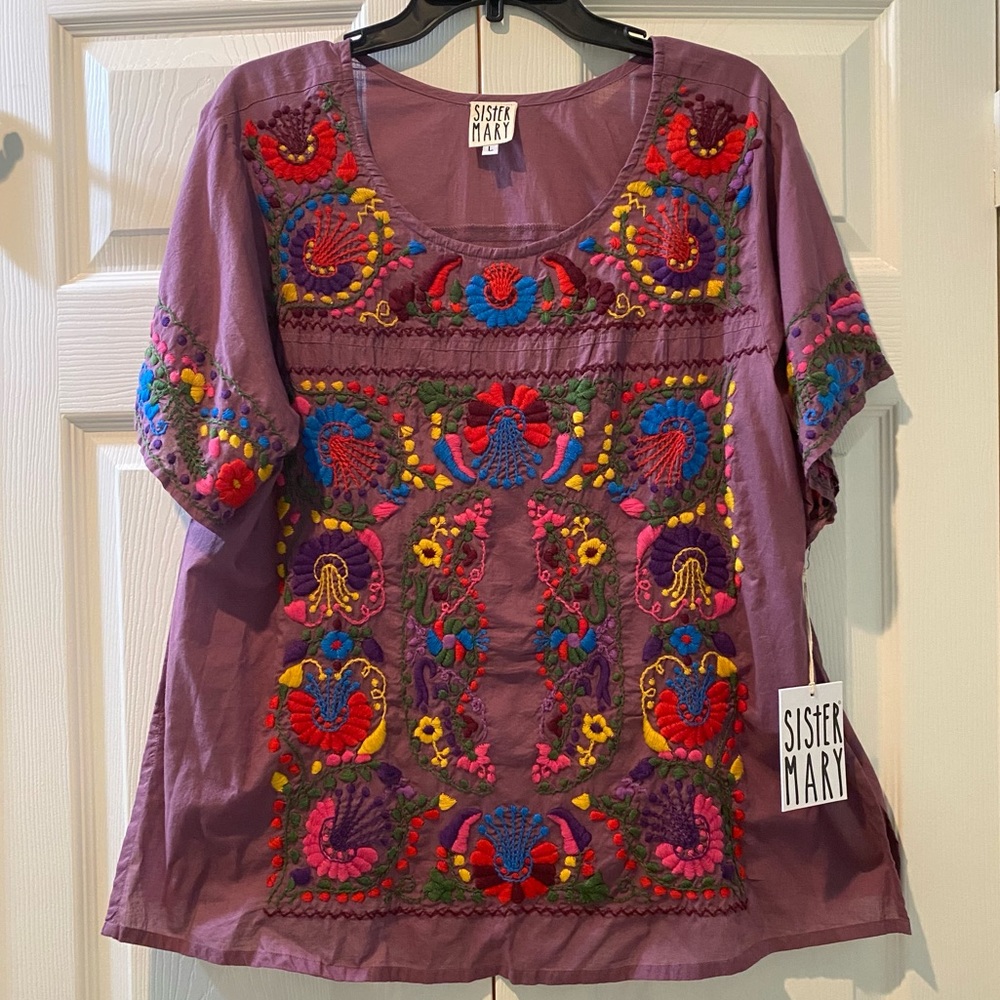 NWT Sister Mary 💜 Embroidered Mexican Top Size L